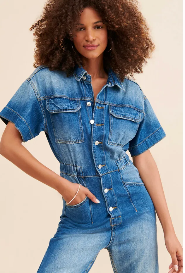 NWT Free People Marci Coveralls in Medium Wash thumbnail 3